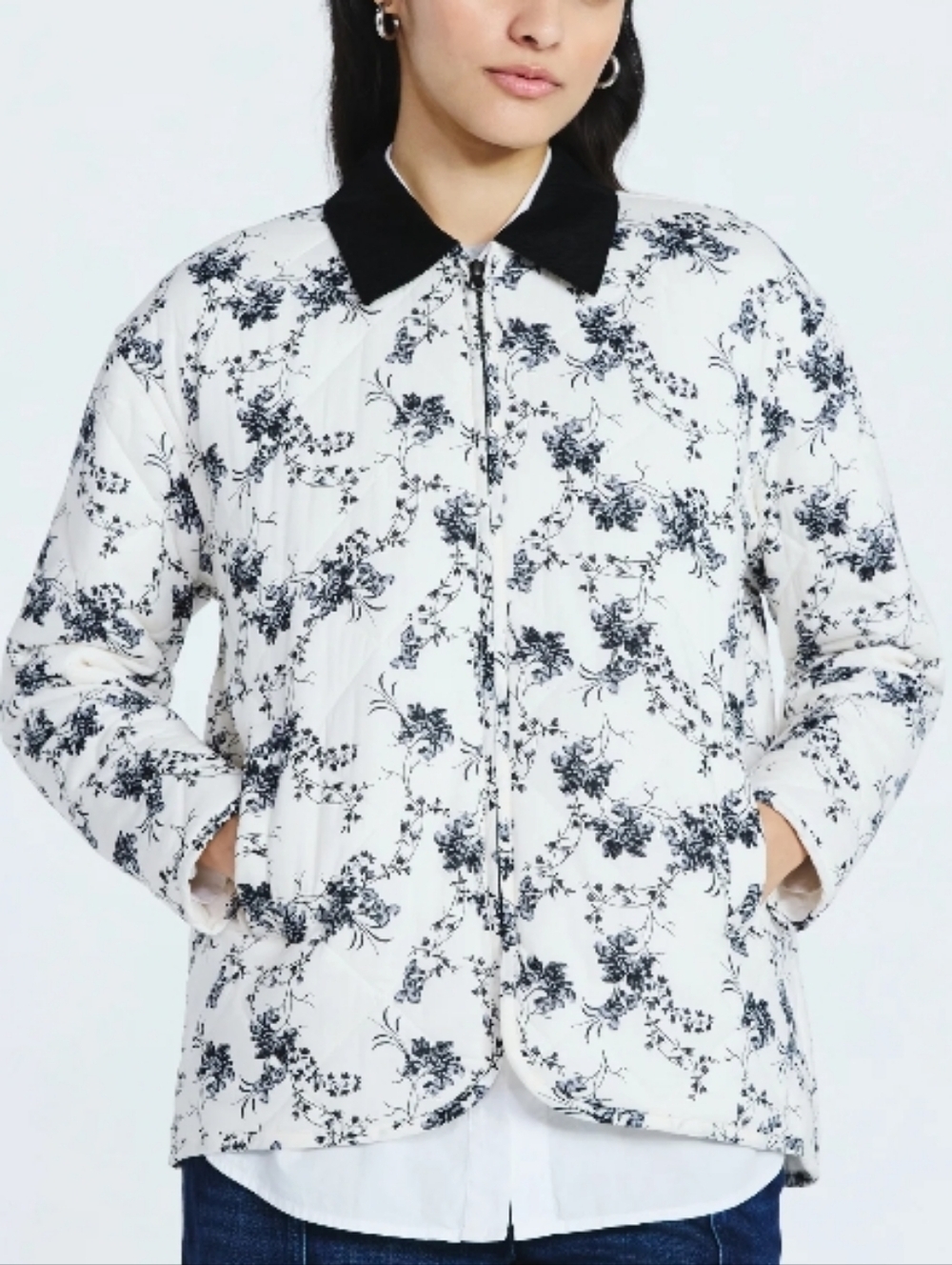 Scoop Quilted Floral Cotton Midweight Jacket Corduroy Collar White Black Large